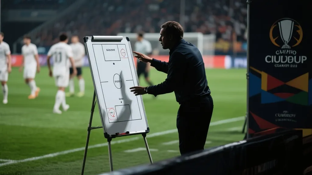 教练在场边指挥，战术板与球员剪影，紧张而克制的氛围